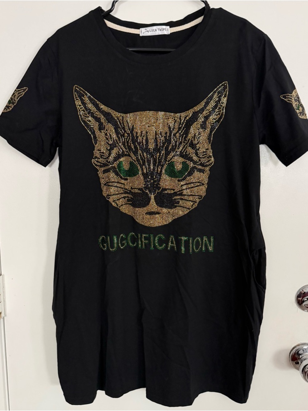 Black Dress with Gold Cat Graphic and Green Accents